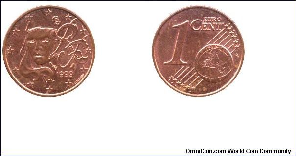 France, 1 euro cent, 1999, Cu-St, 16.25mm, 2.3g.                                                                                                                                                                                                                                                                                                                                                                                                                                                                    