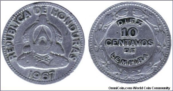 Honduras, 10 centavos, 1967, Cu-Ni.                                                                                                                                                                                                                                                                                                                                                                                                                                                                                 