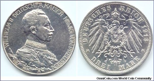 Prussia, 3 mark 1913.
King Wilhelm II - 25th year of reign.
