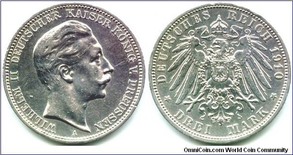 Prussia, 3 mark 1910. 
King Wilhelm II.