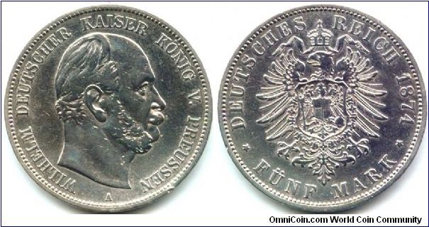 Prussia, 5 mark 1874. 
King Wilhelm I.