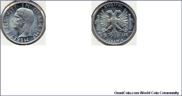 Albania 1939 5 Lek - Silver