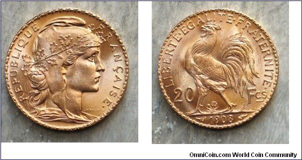 France 20 Francs Gold Rooster, 1908