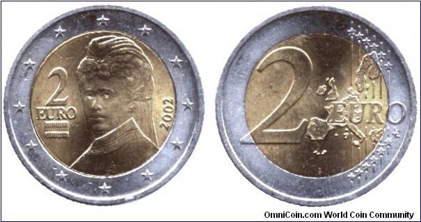 Austria, 2 euros, 2002, Cu-Ni-Ni-Brass, Berta von Suttner radical Austrian pacifist.                                                                                                                                                                                                                                                                                                                                                                                                                                