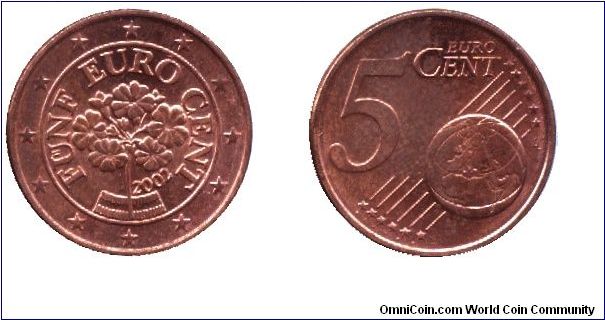 Austria, 5 euro cents, 2002, Cu-St, Alpine Primula.                                                                                                                                                                                                                                                                                                                                                                                                                                                                 