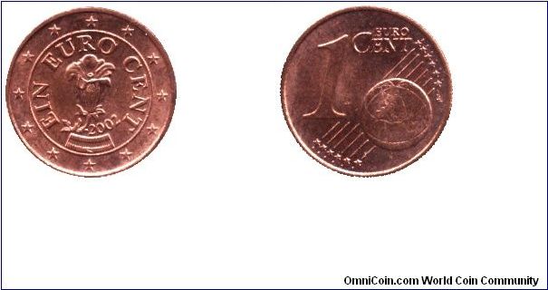 Austria, 1 euro cent, 2002, Cu-St, Encian.                                                                                                                                                                                                                                                                                                                                                                                                                                                                          
