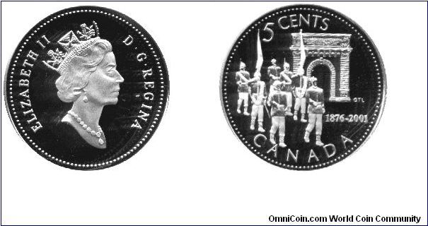 Canada, 5 cents, 2001, Ag, 1876-2001, 125th Anniversary of the Royal Army Academy.                                                                                                                                                                                                                                                                                                                                                                                                                                  