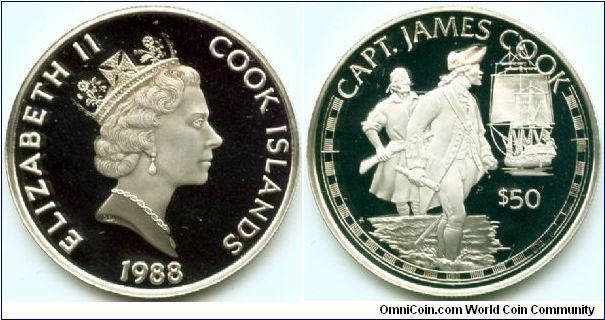 Cook Islands, 50 dollars 1988.
Great Explorers - Capt. James Cook.