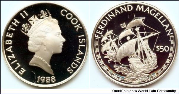 Cook Islands, 50 dollars 1988.
Great Explorers - Ferdinand Magellan.