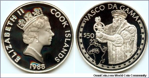 Cook Islands, 50 dollars 1988.
Great Explorers - Vasco da Gama.