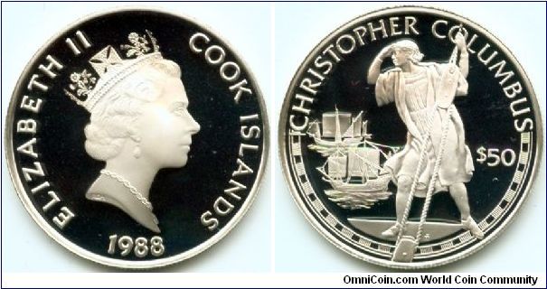 Cook Islands, 50 dollars 1988.
Great Explorers - Christopher Columbus.