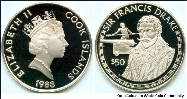 Cook Islands, 50 dollars 1988.
Great Explorers - Sir Francis Drake.