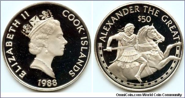 Cook Islands, 50 dollars 1988.
Great Explorers - Alexander the Great.
