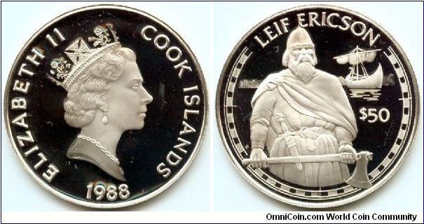 Cook Islands, 50 dollars 1988.
Great Explorers - Leif Ericson.
