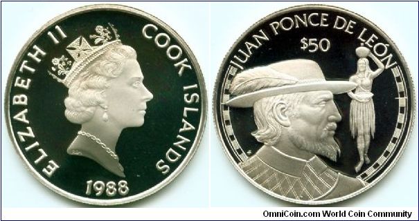 Cook Islands, 50 dollars 1988.
Great Explorers - Juan Ponce de Leon.