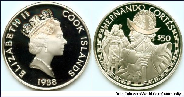 Cook Islands, 50 dollars 1988.
Great Explorers - Hernando Cortes.
