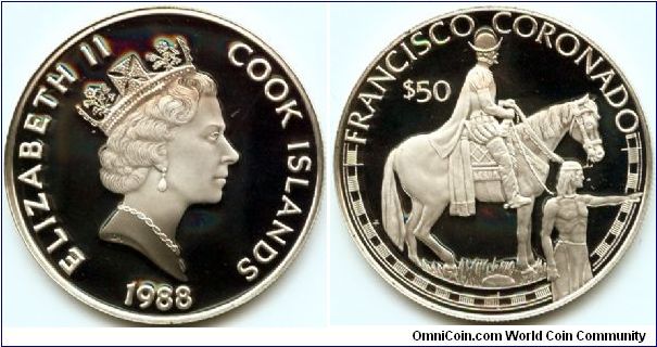 Cook Islands, 50 dollars 1988.
Great Explorers - Francisco Coronado.