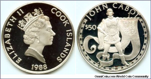 Cook Islands, 50 dollars 1988.
Great Explorers - John Cabot.