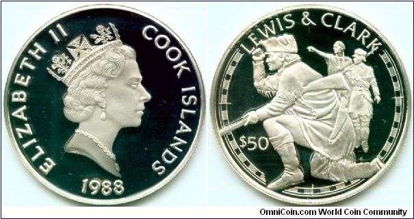 Cook Islands, 50 dollars 1988.
Great Explorers - Lewis and Clark.