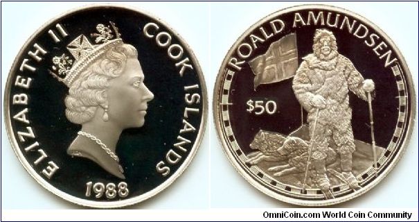 Cook Islands, 50 dollars 1988.
Great Explorers - Roald Amundsen.