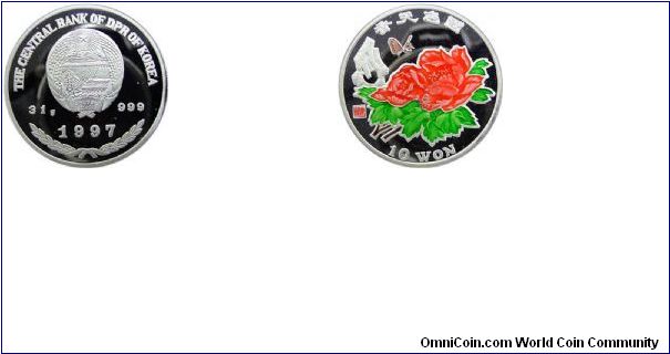Colored Silver Rose coin from North Korea / Ag