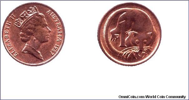 Australia, 1 cent, 1987, Bronze, Ring-tailed Opossum                                                                                                                                                                                                                                                                                                                                                                                                                                                                