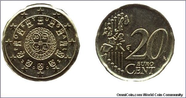 Portugal, 20 euro cents, 2002, Cu-Al-Zn-Sn, Royal Seal from 1142.                                                                                                                                                                                                                                                                                                                                                                                                                                                   