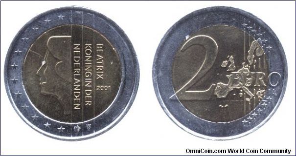 Netherlands, 2 euros, 2001, Cu-Ni-Ni-Brass, bi-metallic, 25.75mm, 8.50g, Beatrix.                                                                                                                                                                                                                                                                                                                                                                                                                                   