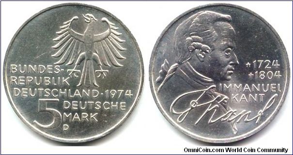 Germany, 5 mark 1974. 
250th Anniversary - Birth of Immanuel Kant.
