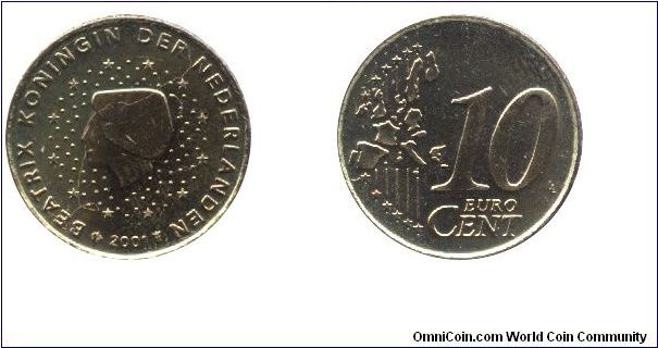 Netherlands, 10 euro cents, 2001, Cu-Al-Zn-Sn, 19.75mm, 4.10g, Queen Beatrix.                                                                                                                                                                                                                                                                                                                                                                                                                                       