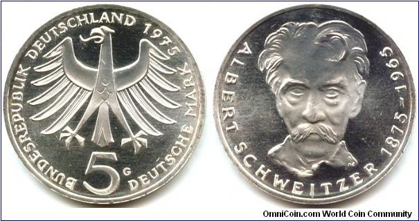 Germany, 5 mark 1975. 
Centenary - Birth of Albert Schweitzer.