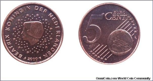 Netherlands, 5 euro cents, 2000, Cu-St, 21.25mm, 3.92g, Queen Beatrix.                                                                                                                                                                                                                                                                                                                                                                                                                                              