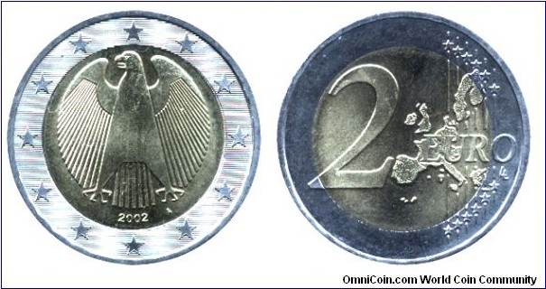 Germany, 2 euros, 2002, Cu-Ni-Ni-Brass, bi-metallic, 25.75mm, 8.5g, MM: A (Berlin), Eagle.