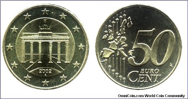 Germany, 50 euro cents, 2002, Cu-Al-Zn-Sn, 24.25mm, 7.8g, MM: A (Berlin), Brandenburger Gate                                                                                                                                                                                                                                                                                                                                                                                                                                                       