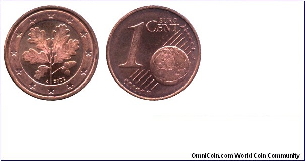 Germany, 1 euro cent, 2002, Cu-St, 16.25mm, 2.3g, MM: A (Berlin), Oak twig.                                                                                                                                                                                                                                                                                                                                                                                                                                                                        