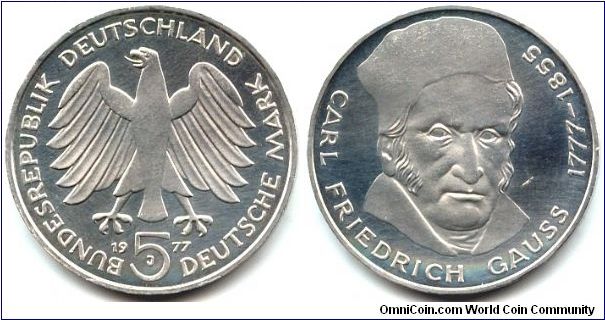 Germany, 5 mark 1977. 
200th Anniversary - Birth of Carl Friedrich Gauss.