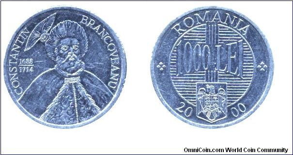 Romania, 1000 lei, 2000, Al, 22mm, 2g, Constantin Brancoveanu 1688-1714.                                                                                                                                                                                                                                                                                                                                                                                                                                            