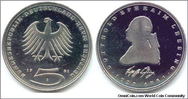 Germany, 5 mark 1981. 
200th Anniversary - Death of Gotthold Ephraim Lessing.