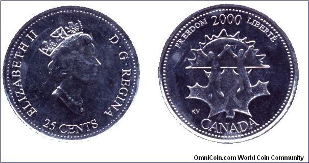 Canada, 25 cents, 2000, Ni, Freedom - 2000,  Elizabeth II. Designed by Kathy Vinish, the coin honours Canada’s founding values of freedom, peace and security which will guide our children to a bright future. The children symbolize our future; hands upraised in joy and freedom, yet joined in unity. They are faceless as they represent children of all ages and races that make up our country. They are standing on a maple leaf that symbolizes Canada; a solid foundation that offers its people freedom,