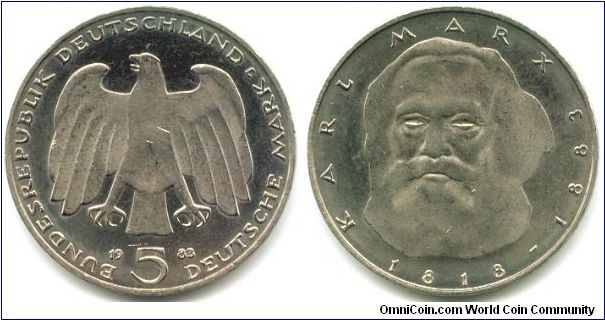 Germany, 5 mark 1983. 100th Anniversary - Death of Karl Marx.