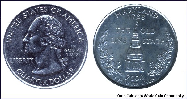 USA, 1/4 dollar, 2000, Cu-Ni, MM: D, Maryland - 1788, The Old Line State, Washington.                                                                                                                                                                                                                                                                                                                                                                                                                               
