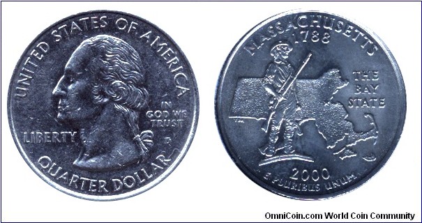 USA, 1/4 dollar, 2000, Cu-Ni, MM: D, Massachusetts - 1788, The Bay State, Washington.                                                                                                                                                                                                                                                                                                                                                                                                                               