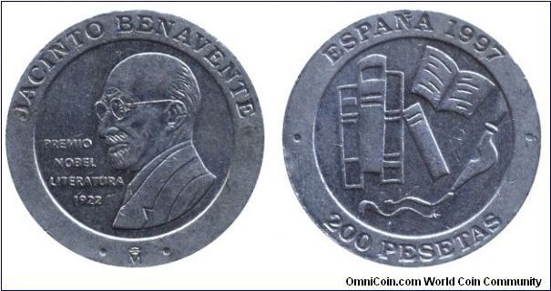 Spain, 200 pesetas, 1997, Cu-Ni, 25.5mm, 10.5g, MM: M, Jacinto Benavente, Premio Nobel Literatura 1922.                                                                                                                                                                                                                                                                                                                                                                                                             