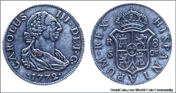 Spain, 8 reals, 1772, Ni, Carolus III. This is a replica which can be checked by a magnet, it is sold as original but for a low price 2-5 dollars. Original is silver.                                                                                                                                                                                                                                                                                                                                              