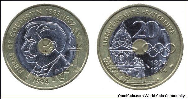 France, 20 francs, 1994, bi-metallic, 27mm, 9g, 1894-1994, 100th anniversary of modern Olympics,  1863-1937, Pierre de Coubertin.                                                                                                                                                                                                                                                                                                                                                                                   