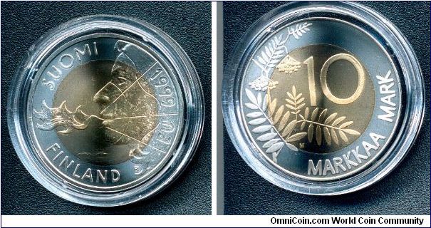 10 markkaa commemorating Finlands first chairing of the EU presidency. Obverse design by Jarkko Roth, reverse by Antti Neuvonen.