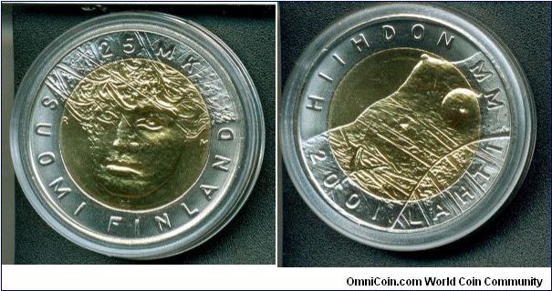 25 markkaa commemorating the First Nordic Ski Championship held in the city of Lahti.  NB When this coin was issued, people were allowed to sign up to exchange face value to receive one. Subscriptions went over the 100,000 mintage limit, and recipients were chosen by random. Designed by Jarkko Roth.