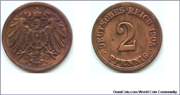 Germany, 2 pfennig 1905.