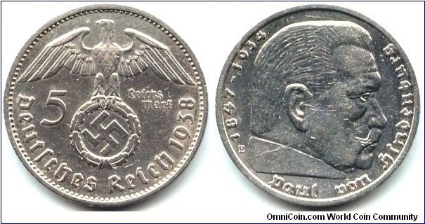 Germany, 5 reichsmark 1938.
Paul von Hindenburg.