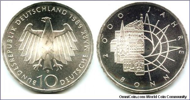 Germany, 10 mark 1989. 2000th Anniversary - City of Bonn.